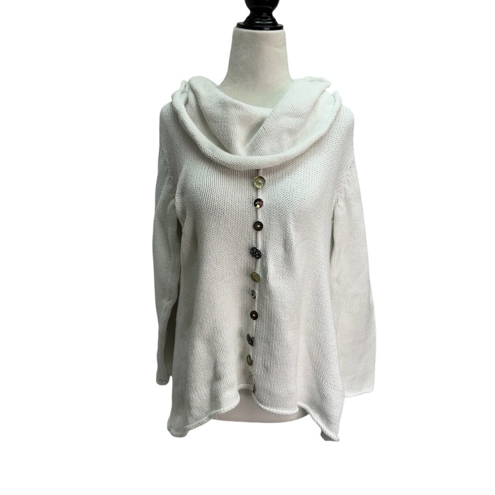 Pure Handknit 100% Cotton White Cowl Neck Pullover Sweater Button Front Size S/M